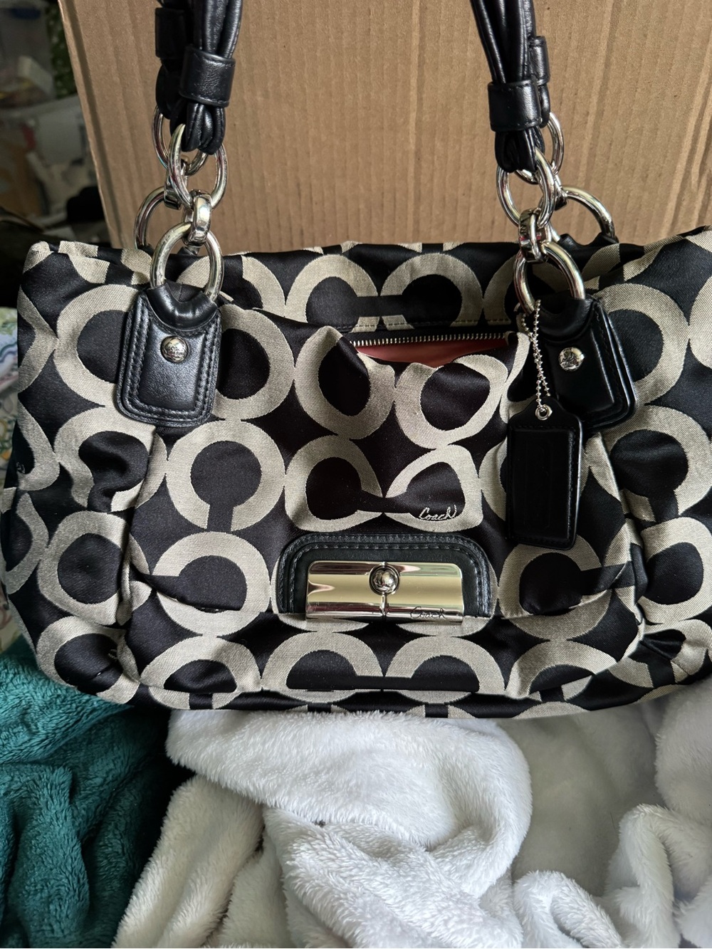 Coach Black and Khaki Signature Circle Shoulder Bag